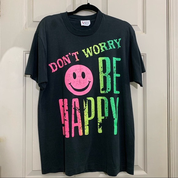 COPY - Vintage Don’t Worry Be Happy T shirt black neon Large - Picture 1 of 10